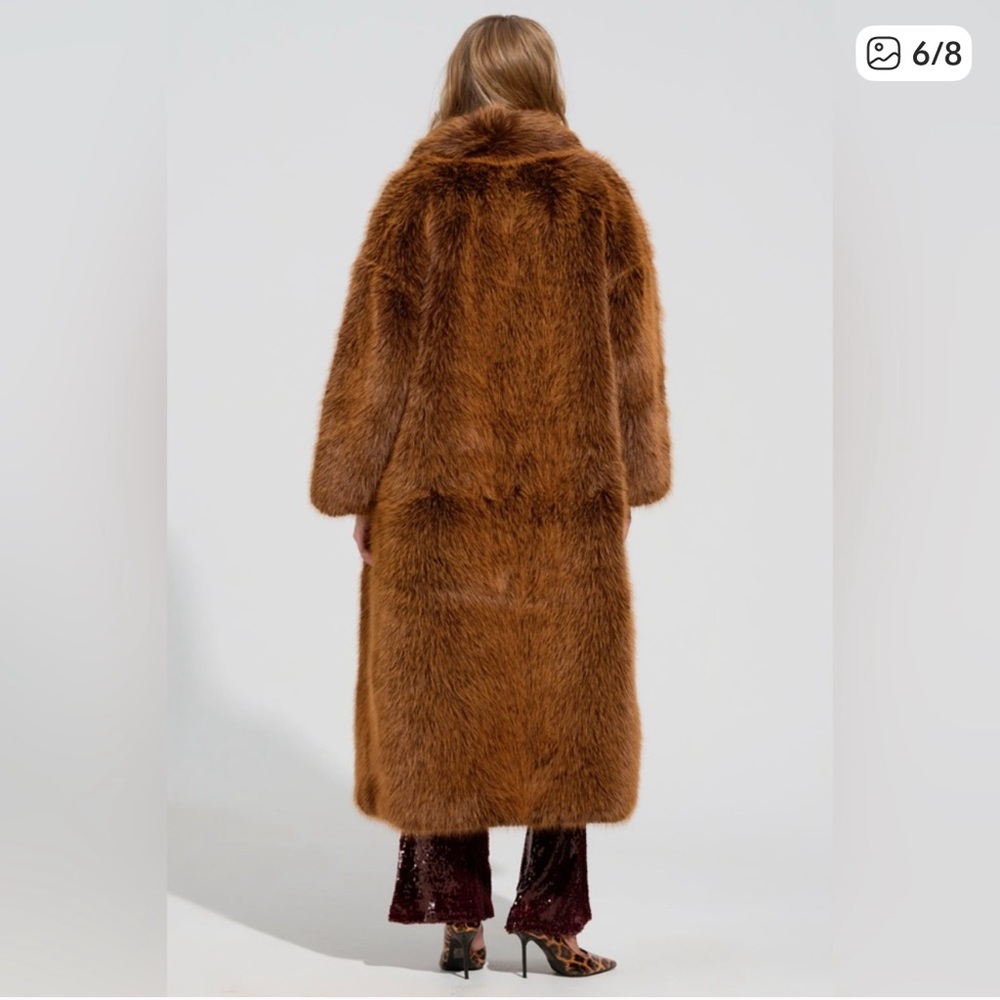 AKIRA DAYANNE LONG SATIN LINING FAUX FUR TRENCH COAT Brown - Picture 5 of 9